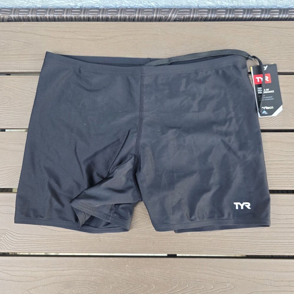 TYR Mens Tyreeco Nylon Solid Black Square Leg Swim Boxer Drawstring Sz 32 New